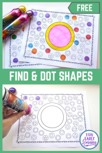 Find and Dot Matching Shapes Free Printable Math Activity! Fun activity for learning shape identification and matching in preschool and kindergarten! #shapeactivity #mathcenter #freeprintable #funearlylearning